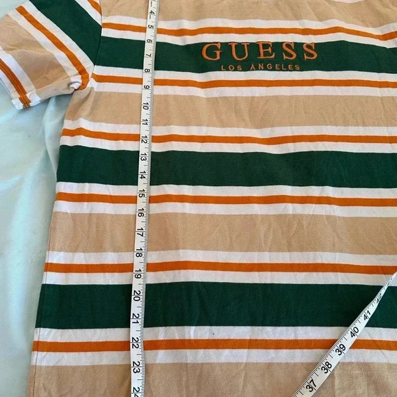 Vtg GUESS Striped T-Shirt Short Sleeve Orange Green Tan Embroidery Logo 90s Y2K. - Picture 2 of 6